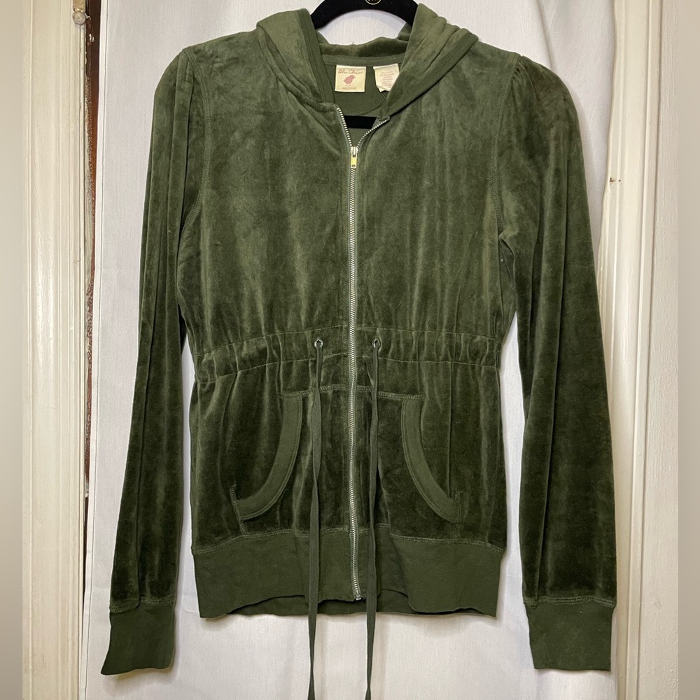 blu chic Preloved Olive Green Velour Women's Hoodie w/ Drawstring Middle Size M - Picture 2 of 10